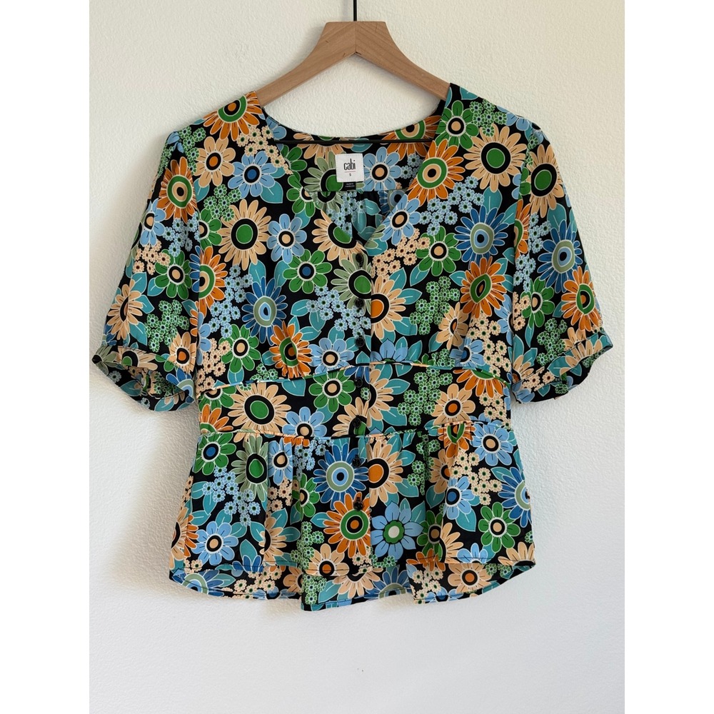 Cabi Floral Peplum Top Small Multicolor Retro Daisy Boho V-Neck Button Front